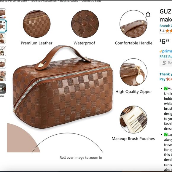 GUZINC Large Capacity Travel makeup bag for Women NEW IN PACKAGE BROWN - Picture 2 of 6